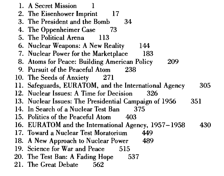 A picture of the table of
  contents of the book Atoms for Peace and War by Hewlett and Holl