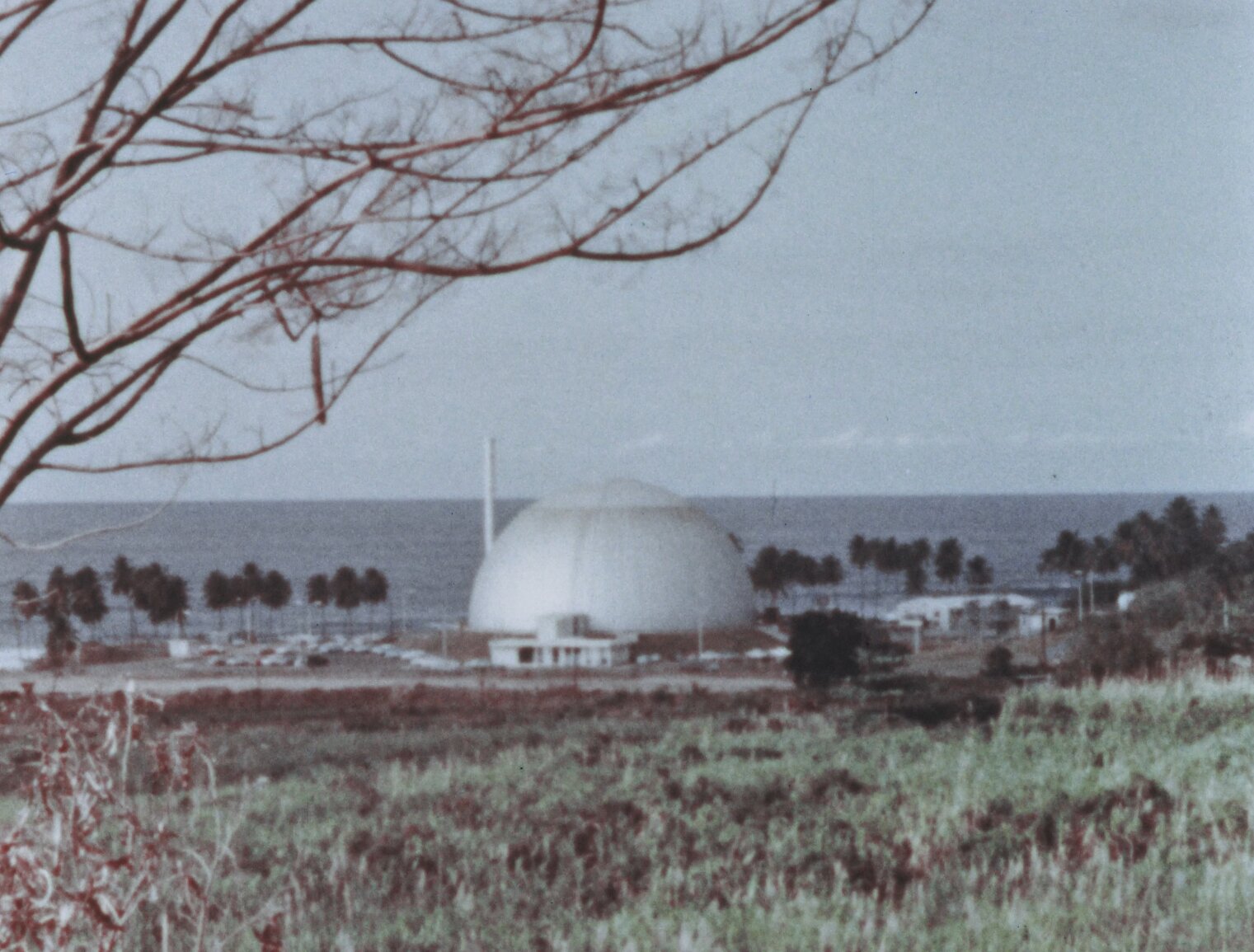Another exterior view of the Bonus nuclear reactor site, with dome, grasses, a tree, the ocean, and palm trees shown