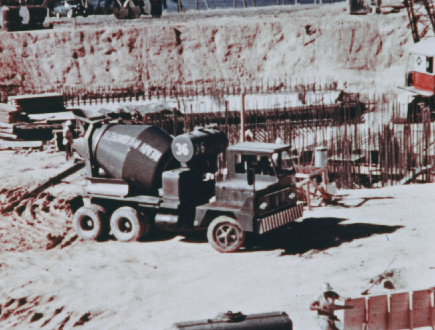 Cement truck pouring cement basemat for the BONUS nuclear reactor construction.