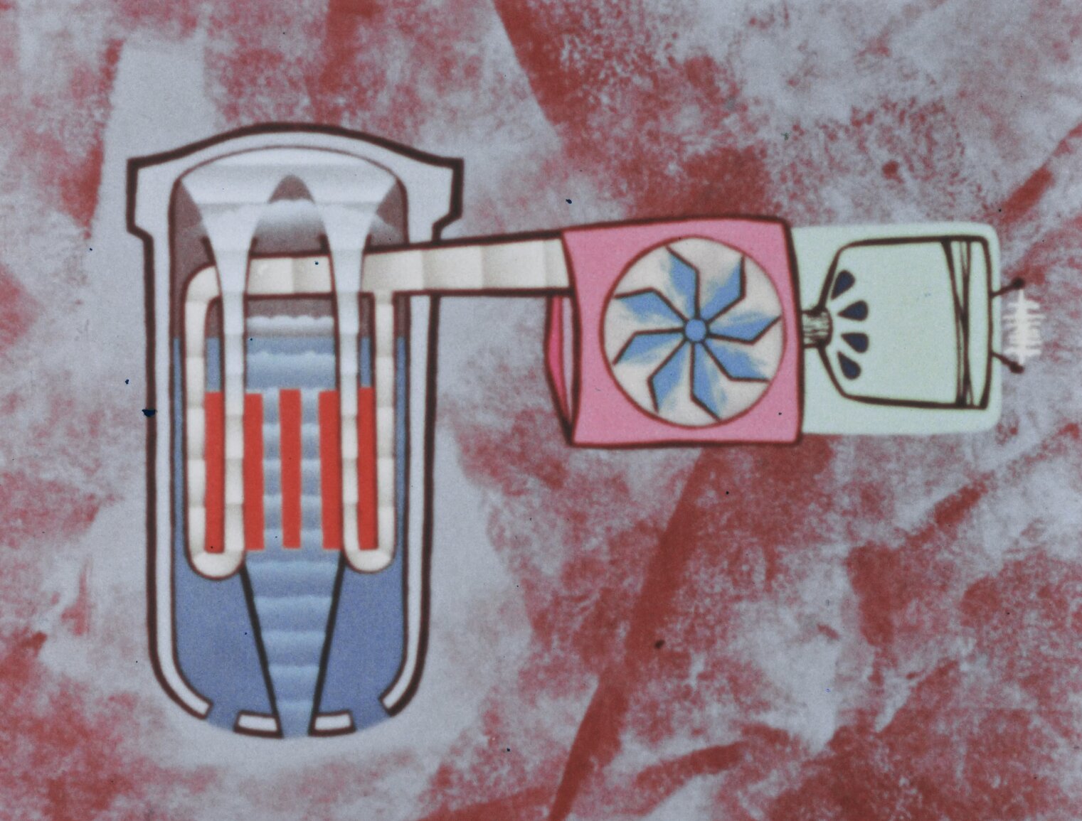 Animated depiction of a nuclear superheat boiling water reactor in a somewhat groovy style. It shows coolant going through the reactor once and then a second time to be superheated before going to the right into the turbine, which is connected to a generator that makes little lightning bolts.